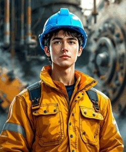 A confident male engineer wearing safety gear holds a tool while standing in an industrial environment - Javalas PT Malik Nusantara Karyawan Inti Javalas